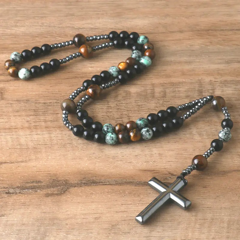 African Turquoise, Tiger Eye, Hematite, Agate Rosary for Protection & Growth